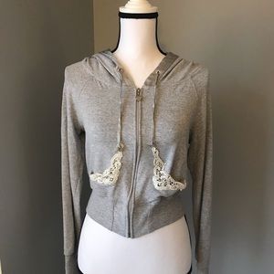 BEBE Crop Zip-Up w/Lace & Sequin Pockets